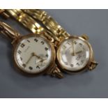 A ladys' 9ct gold wristwatch on an 18ct bracelet and one other lady's yellow metal watch on a 9ct