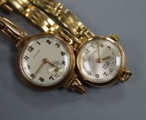 A ladys' 9ct gold wristwatch on an 18ct bracelet and one other lady's yellow metal watch on a 9ct