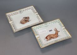 Hermes Paris. A pair of Laurent Perrier Hunt porcelain cigar ashtrays, 'stag' and 'hare'. One