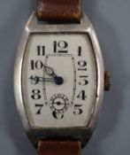 A gentleman's 1930's? Swiss 935 white metal manual wind wrist watch, with Arabic dial and subsidiary