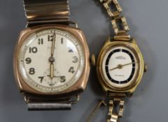 A gentleman's 9ct manual wind wrist watch on associated bracelet and a lady's quartz wrist watch