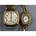 A gentleman's 9ct manual wind wrist watch on associated bracelet and a lady's quartz wrist watch