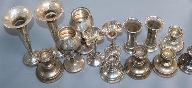 Four assorted pairs of silver posy vases including early 20th century and three pairs of silver