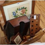 A 19th century candle box, spoon rack, salt box, wooden trunk, botanical watercolour, and two prints