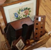 A 19th century candle box, spoon rack, salt box, wooden trunk, botanical watercolour, and two prints