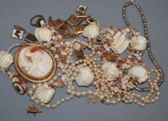 A shell necklace, double string simulated pearl necklace, a pair of 9ct gold drop earrings, a cameo,