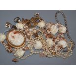 A shell necklace, double string simulated pearl necklace, a pair of 9ct gold drop earrings, a cameo,