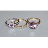 An 18ct gold 7-stone diamond ring, an 18ct white gold, amethyst and diamond ring and a 9ct gold pale