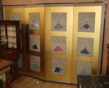 A wall mounted Japanese four fold screen of painted silk H.180cm