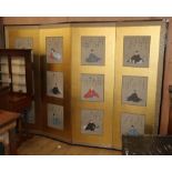 A wall mounted Japanese four fold screen of painted silk H.180cm