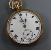 A 9ct gold open face keyless pocket watch by J W Benson.