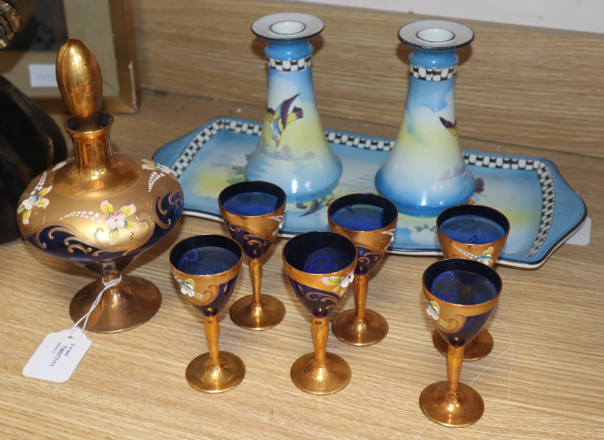 A Venetian-style gilded and enamelled blue glass seven piece liqueur set and a ceramic part dressing