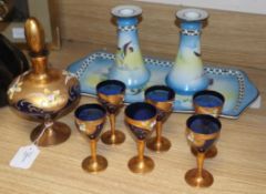 A Venetian-style gilded and enamelled blue glass seven piece liqueur set and a ceramic part dressing