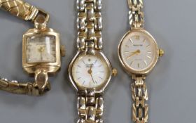 A lady's 9ct gold Accurist wrist watch on 9ct strap and two other wrist watches including a 9ct gold
