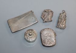 A silver card case and mixed modern novelty sterling vestas.