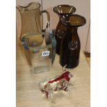 A Kosta Boda etched glass vase, a Scandinavian glass jug and a pair of vases