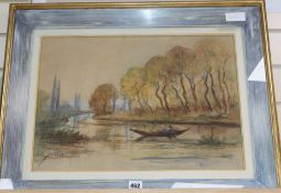 J. Le Goudier, watercolour and charcoal, River landscape, signed, 35 x 50cm
