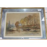 J. Le Goudier, watercolour and charcoal, River landscape, signed, 35 x 50cm