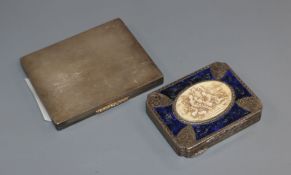 A modern silver cigarette case and one other 1930's continental white metal box with inset ivorine