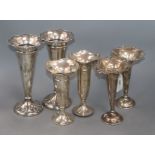Three assorted pairs of early 20th century silver posy vases, including Mappin & Webb and