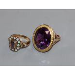 A 375 yellow metal, white opal and amethyst ring and a yellow metal and gem set ring.