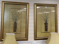 A pair of large coloured prints, blossom sprigs in vases, 88 x 58cm