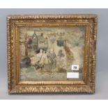 A 17th century and later stumpwork panel depicting figures in a landscape, framed