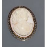 An Italian cameo brooch in 9ct gold pierced mount, 59mm.