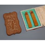 A Chinese sandalwood card case and two cased soapstone vessels