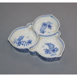 A Chinese blue and white three section dish or ink palette, late 19th century Provenance - The owner