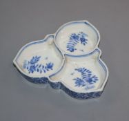 A Chinese blue and white three section dish or ink palette, late 19th century Provenance - The owner