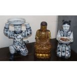 A giltwood Buddha and two porcelain figures
