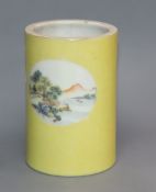 A Chinese yellow ground sgraffito brush pot, Republic period Provenance - The owner and her family