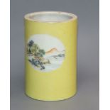 A Chinese yellow ground sgraffito brush pot, Republic period Provenance - The owner and her family