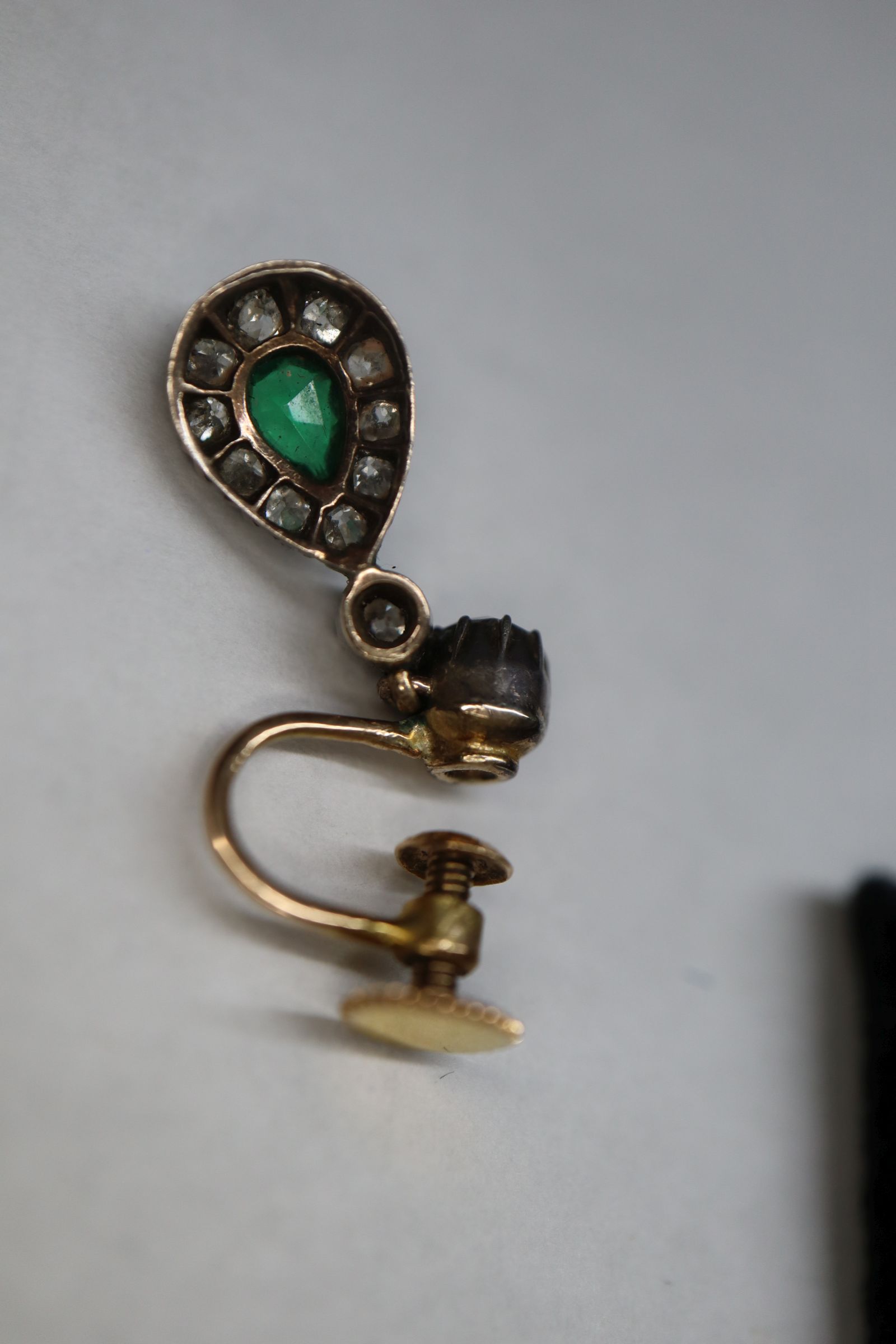 A pair of 19th century, yellow and white metal, emerald and diamond drop earrings, 17mm. - Image 5 of 10