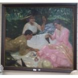 Early 20th century French School, oil on canvas, Woodland picnic, indistinctly signed, 99 x 114cm