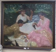 Early 20th century French School, oil on canvas, Woodland picnic, indistinctly signed, 99 x 114cm