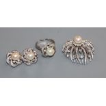 A modern suite of white metal, cultured pearl and diamond jewellery, comprising a ring, brooch and