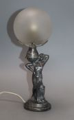 A French Art Deco figural table lamp with frosted spherical shade height 27.5cm