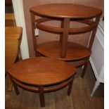 Three 1970's elliptical teak stools W.62cm