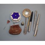 A Victorian diamond and demantoid garnet set stick pin, an enamel trinket box, pens, thimble etc.