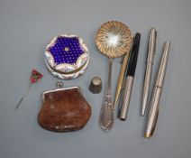 A Victorian diamond and demantoid garnet set stick pin, an enamel trinket box, pens, thimble etc.