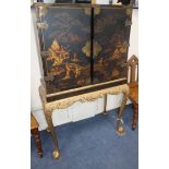 A Queen Anne style lacquered cabinet on carved giltwood stand W.80cm