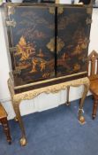 A Queen Anne style lacquered cabinet on carved giltwood stand W.80cm