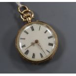A lady's 14k yellow metal and enamel fob watch, with Roman dial.