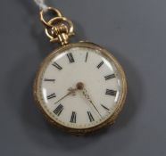 A lady's 14k yellow metal and enamel fob watch, with Roman dial.