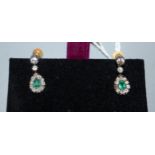 A pair of 19th century, yellow and white metal, emerald and diamond drop earrings, 17mm.