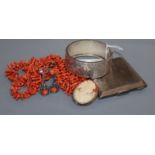 A silver face powder case, a Victorian silver bangle, a cameo, coral necklace, loose coral, and a