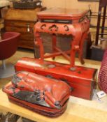 A Chinese red lacquered jardiniere stand, a Chinese red lacquered chest and a carved wood box and
