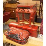 A Chinese red lacquered jardiniere stand, a Chinese red lacquered chest and a carved wood box and